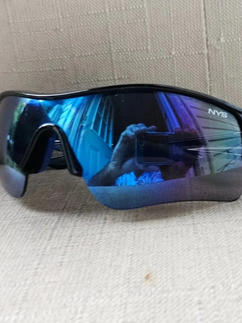 NYS city Men Sunglasses Black Wrap Sport Eyewear Shades Blue Mirror Lenses